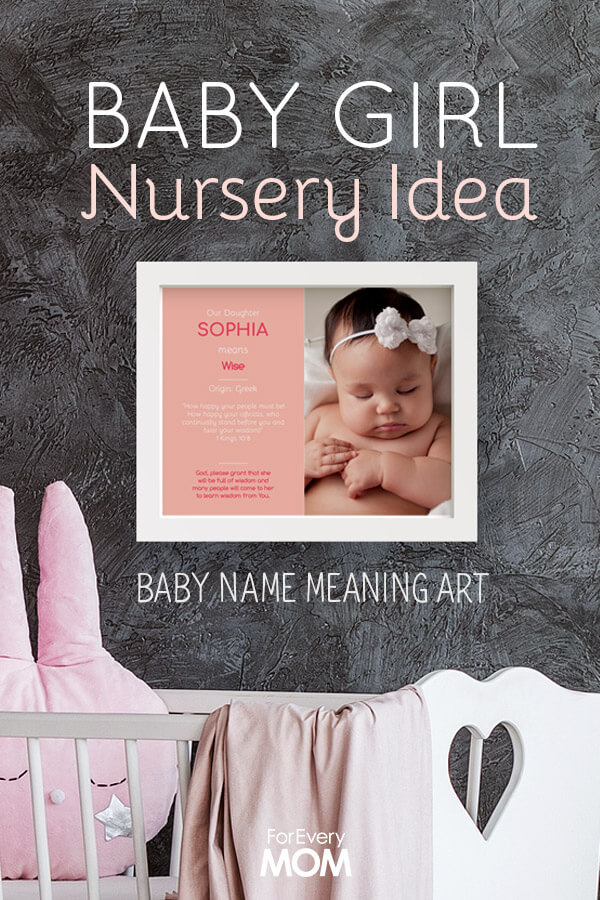 Looking for a baby girl nursery idea? We love this free customizable baby name wall art. It lets you insert your baby's photo and gives the meaning of your baby's name as well as a Bible verse and prayer.
